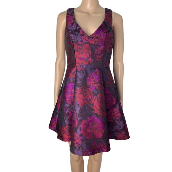 Aqua Floral A-Line Brocade Purple Floral Print Party Dress - Picture 2 of 10